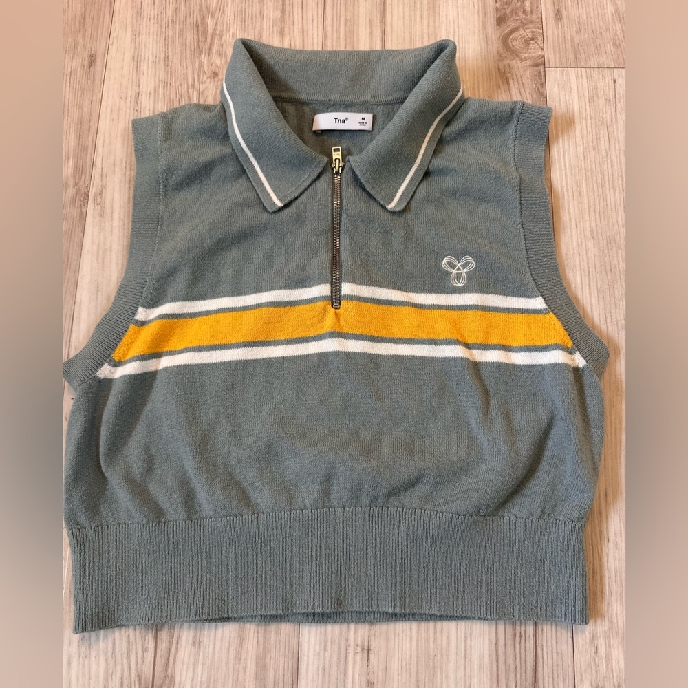 TNA Sleeveless Zip Polo Crop Top in Sage with Yellow & White Stripes